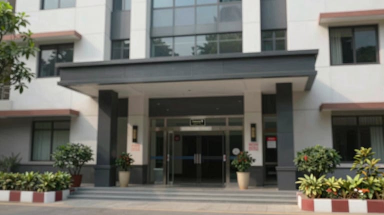 A high-security building entrance with a professional look, showcasing a safe neighborhood environment in Goregaon West with modern architecture.