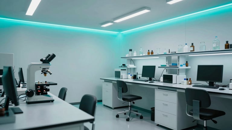 Interior of a modern Southeast Asian / Indonesian tech laboratory with minimalist white furniture and vibrant cyan neon light strips along the walls.