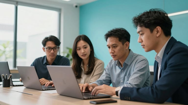 A professional team of Southeast Asian / Indonesian tech experts collaborating around a laptop in a bright, minimalist office space with vibrant cyan interior details.
