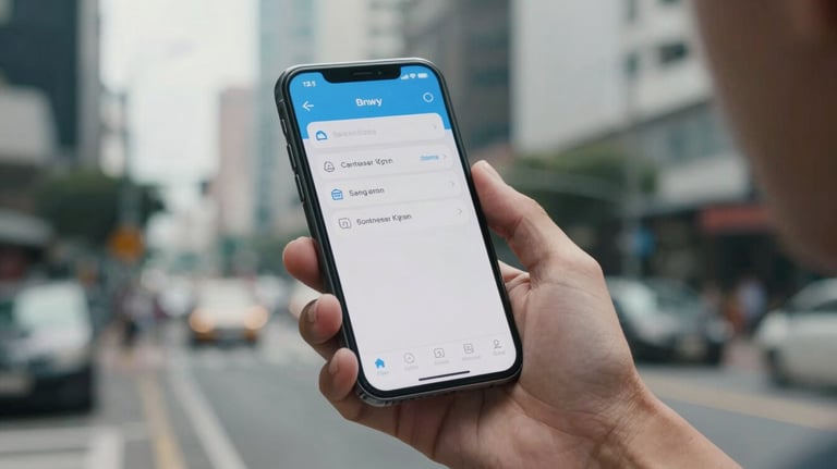 A close-up shot of a smartphone held by a professional in a Southeast Asian / Indonesian urban setting, displaying a clean mobile application interface with sky blue accents.