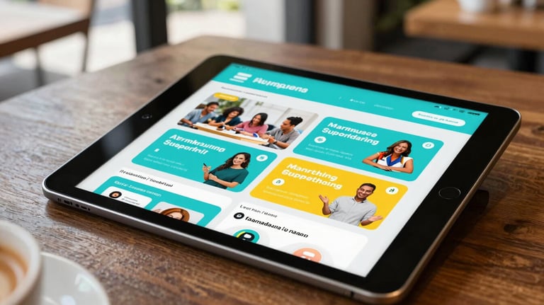 Close-up of a high-tech tablet showing a colorful marketing campaign plan in a modern Southeast Asian / Indonesian cafe setting, bright daylight, vibrant cyan accents.