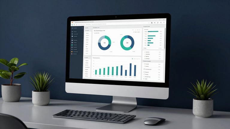 A sleek, professional photography of a modern computer setup displaying an analytics dashboard in a dark navy blue room, featuring minimalist Indonesian office decor.