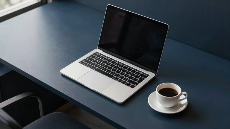 A clean, top-down shot of a minimalist workstation with a laptop and a coffee cup, set in a modern Southeast Asian / Indonesian office environment with dark navy blue accents.