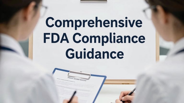 Calm workspace with a laptop displaying FDA compliance checklists and regulatory charts.