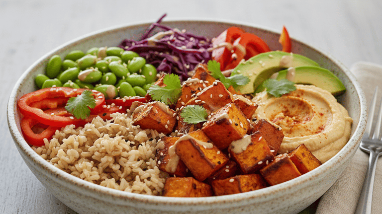 Bol Buddha végétalien composé de patates douces rôties, riz complet, houmous, avocat et edamames.
