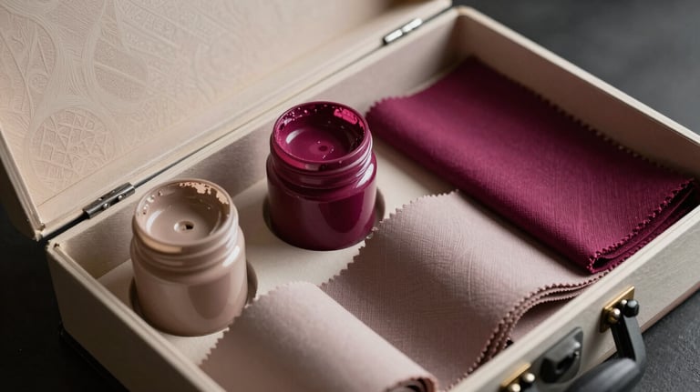 An open craft box containing jars of paint, stencils, and fabric samples in elegant taupe and sophisticated magenta tones.