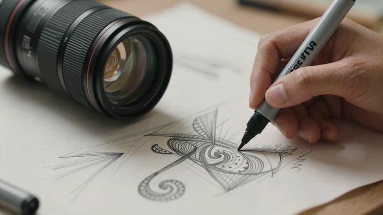 Close-up of a designer sketching patterns on a light-colored fabric with professional marker tools in soft graphite.