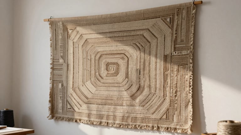 A modern atelier setting with a finished textile tapestry hanging on a warm white wall, showcasing intricate textures.