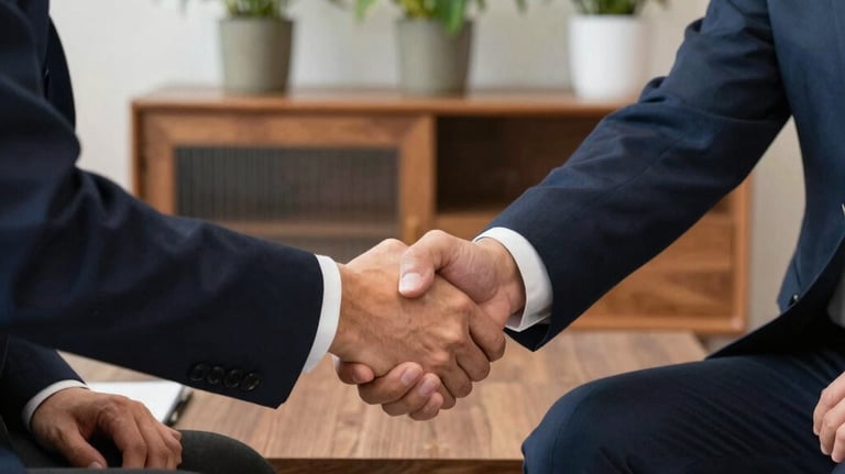 A professional shaking hands with a client in a modern office setting