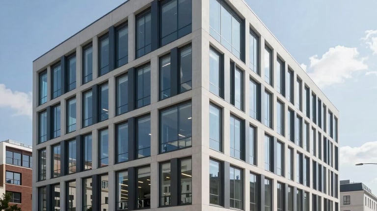An exterior view of a completed modern CLT office building with large glass windows and clean architectural lines. The building is situated in a professional European city environment under clear, bright daylight.