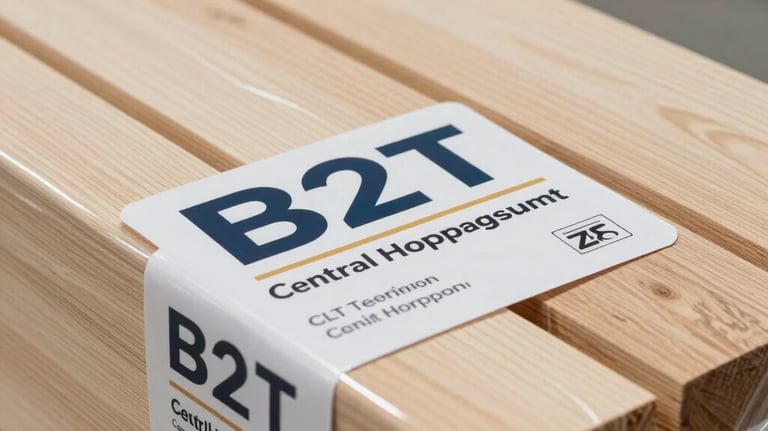 A close-up photo of a professional CLT house kit package, securely wrapped and labeled for export in a clean Central European shipping facility. The wood is light and high-quality, reflecting a professional B2B service.