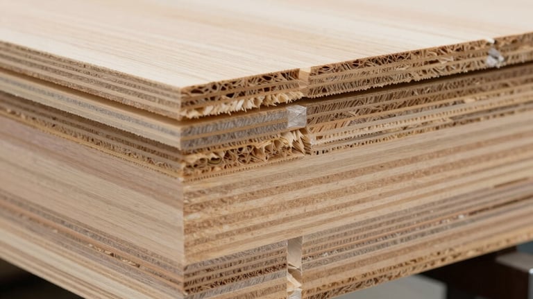 A close-up photograph of a Cross Laminated Timber panel section in a professional Central European factory. The precise layers of wood and high-tech manufacturing process are clearly visible under bright studio lighting.
