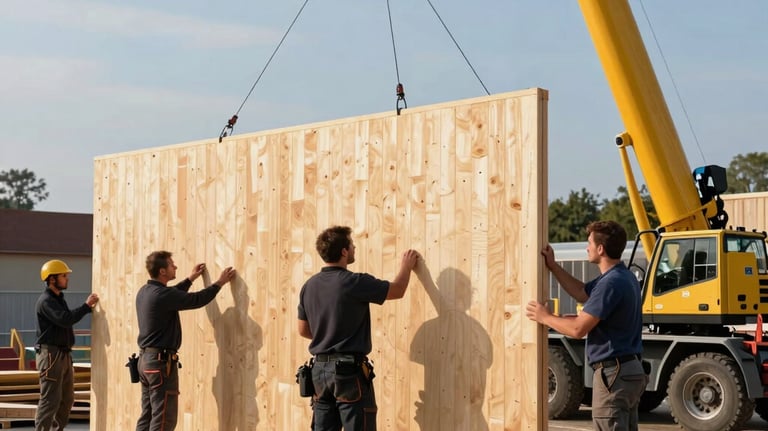 A photograph showing the logistics of CLT construction. A professional crew in a Central European site is coordinating the placement of a large, pre-fabricated timber wall panel using a crane under a bright afternoon sun.