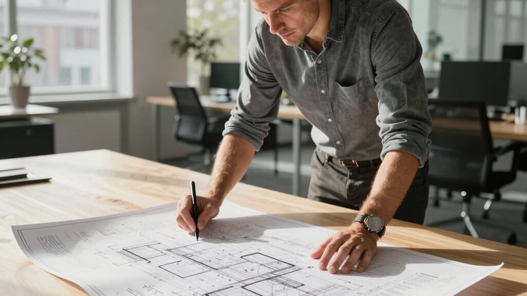 A professional architect in a modern, sunlit Central European office space, reviewing technical blueprints spread out over a large, smooth CLT work surface. The scene conveys trust, expertise, and innovative design.