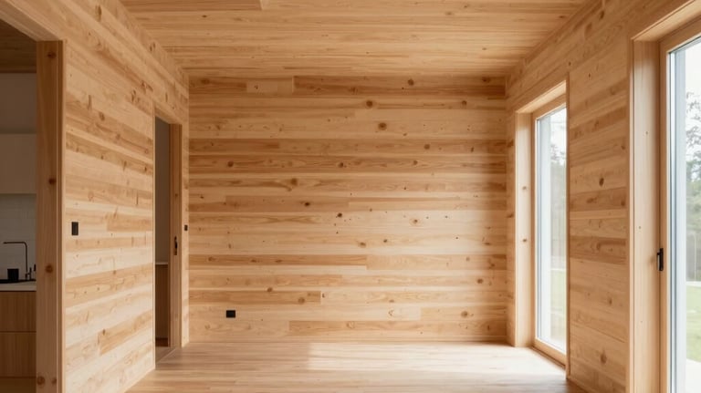 A bright and minimalist interior of a Central European home, showcasing natural CLT walls and ceilings. The space is filled with soft, natural light, highlighting the high-quality finish and sustainable aesthetics of timber construction.