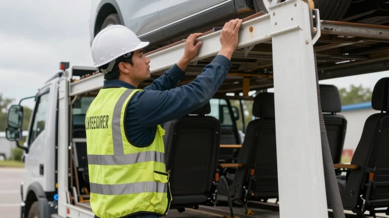 A convoy of enclosed car carriers driving along a scenic highway in India.
