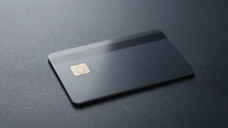 A clean, minimalist shot of a physical smart-card with a microchip resting on a polished dark navy surface, illuminated by soft accent lighting.