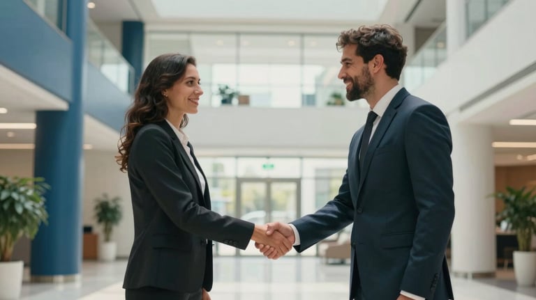 A wide shot of two international professionals shaking hands in a bright, modern lobby with steel blue and off-white accents, symbolizing trust and partnership.