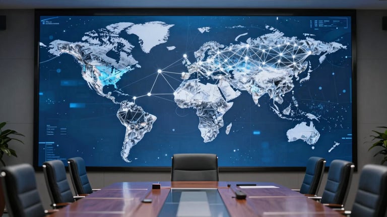 A high-resolution photograph of a futuristic boardroom with a large screen showing a global map of interconnected nodes in steel blue tones.