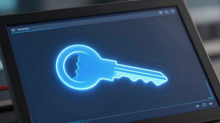 A detailed shot of a glowing blue cryptographic key icon displayed on a professional workstation, emphasizing security and innovation.