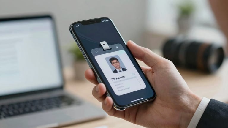 A close-up photograph of a professional hand holding a sleek smartphone displaying a secure, holographic digital badge against a blurred office background.