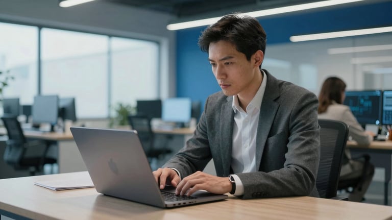 A modern, wide-angle shot of an international professional using a high-end laptop in a bright, steel blue themed tech hub, looking focused and innovative.