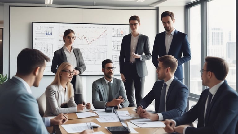 A consultant discussing clinical trial data with a pharma team