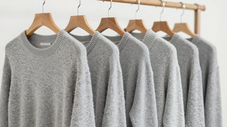 A row of high-quality knit sweaters in light gray #CBD5E0 hanging on professional wooden racks in a bright studio.