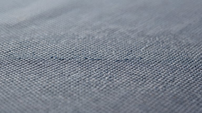 Macro detail of custom embroidery on heavy #4A5568 canvas fabric, showing clean lines and tight stitching.