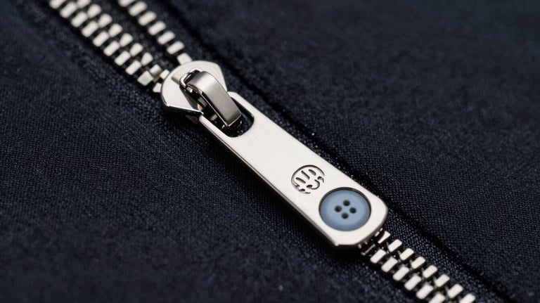 Close-up of high-quality metal zippers and custom-engraved buttons in shades of #CBD5E0 on a dark fabric background.