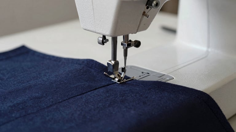 Detailed shot of a sewing machine needle stitching a dark navy #1A202C cotton fabric, showing extreme precision and industrial quality.