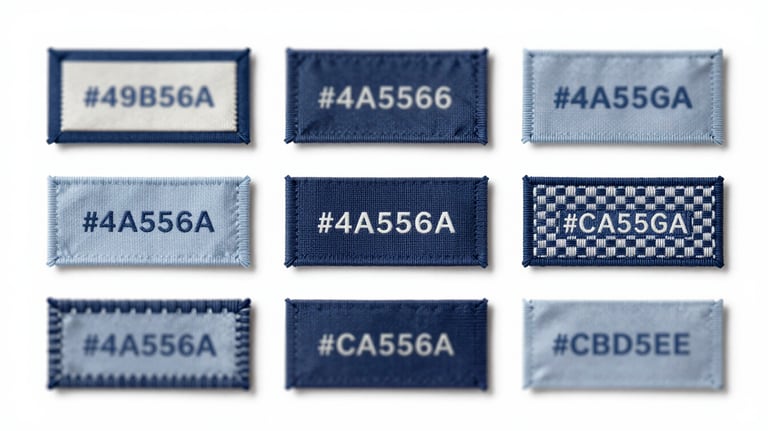 A collection of premium woven brand labels and decorative trims in a sophisticated arrangement using #4A5568 and #CBD5E0 colors.