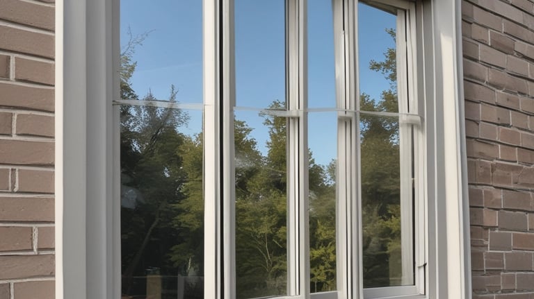 Close-up of sparkling clean window panes reflecting a bright blue sky.