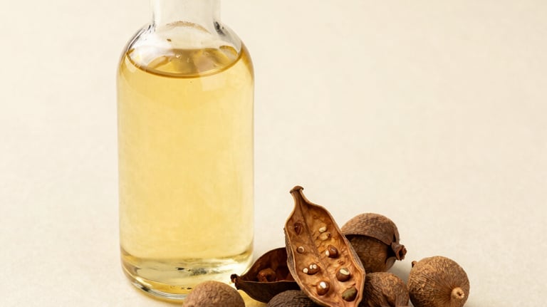 Still life photography of a clear glass bottle of golden liquid herbal medicine beside a handful of dried Haritaki fruits on a cream textured surface, South Asian / Indian style, warm earthy tones.