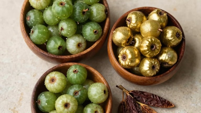 A top-down photo of three small wooden bowls filled with Amla, Haritaki, and Bibhitaki fruits, arranged on a cream-colored stone surface, South Asian / Indian herbalist style, deep green and warm gold accents.