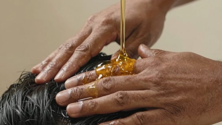 Close-up photography of golden Brahmi oil being massaged into a scalp, South Asian / Indian setting, focusing on the herbal oil texture and warm, serene lighting.
