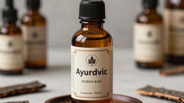 Traditional photography of an amber glass bottle of Ayurvedic tonic sitting on a dark wood coaster, surrounded by scattered bark of the Arjuna tree, soft focus South Asian / Indian apothecary background.