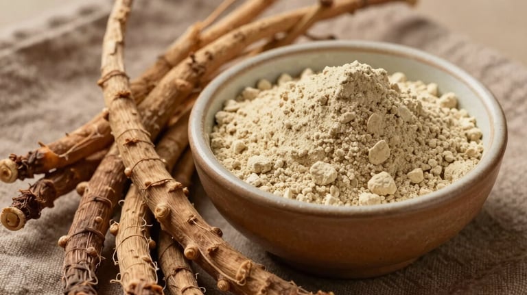 Macro photography of raw Ashwagandha roots and a ceramic bowl of fine beige powder on an earthy brown linen cloth, South Asian / Indian domestic wellness setting, bright natural morning light.