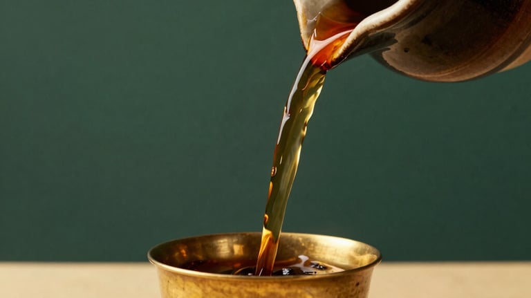A close-up of a dark ceramic vessel pouring a rich, dark herbal liquid into a small brass cup, South Asian / Indian traditional medicine style, warm gold and deep green background.