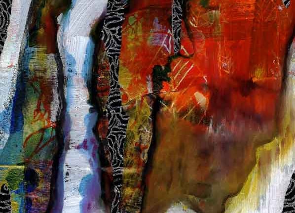 Raw Hide, abstract mixed-media artwork with contrasting warm orange, brown and cool white vertical forms.