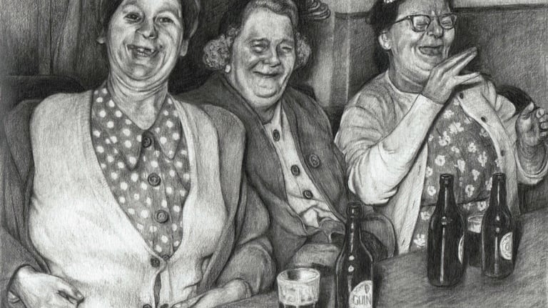 Ladies' Night, drawing of 3 ladies, laughing in a pub with bottles of beer on a table