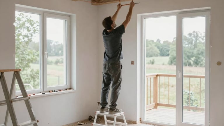 Close-up of hands measuring and marking wood for building