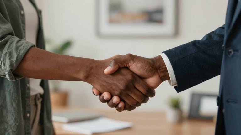 A focused shot of an African American couple's hands shaking hands with a professional, symbolizing the successful closing of a home purchase in a North American setting.