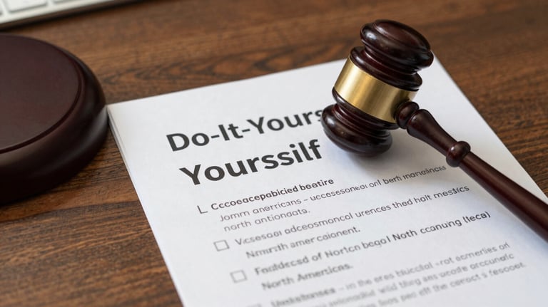A close-up of a gavel on a wooden desk next to a 'Do-It-Yourself' workbook, representing accessible legal justice in a North American context.