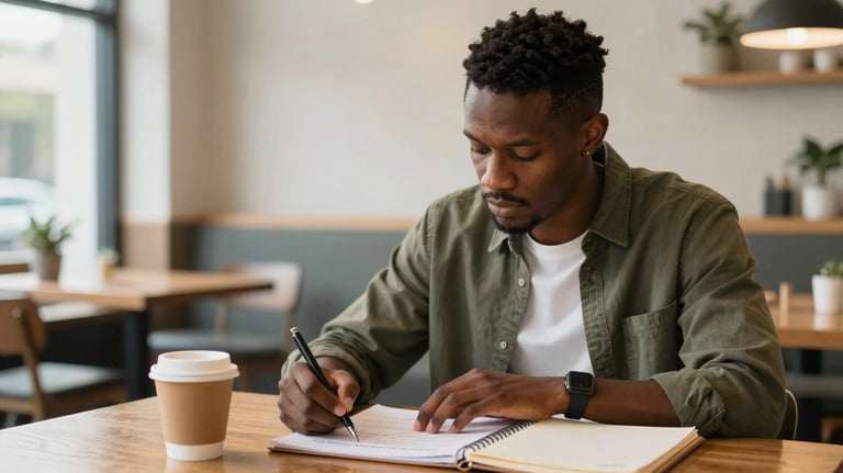 An African American entrepreneur in a bright North American cafe, working on a business plan with a coffee and a notebook, looking determined.