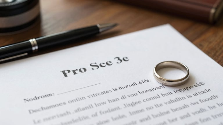 A soft-focus image of a family law document with 'Pro Se' highlighted, alongside a pen and a simple wedding band on a table in a North American home.