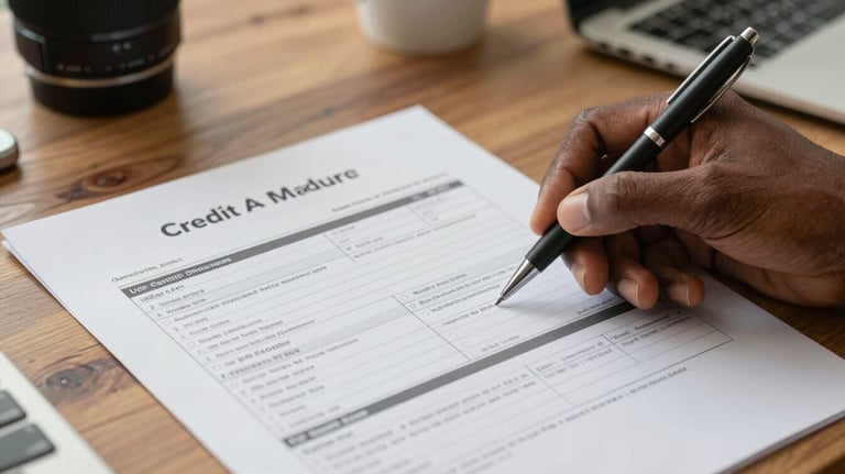 A detailed shot of a credit report and a pen on a wooden desk, with an African American person's hand highlighting sections, in a North American home office.