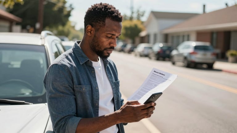 An African American man carefully reviewing a car history report on his phone while standing next to a used vehicle on a sunny North American street.