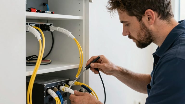 Close-up of fiber optic cable connectors with glowing light