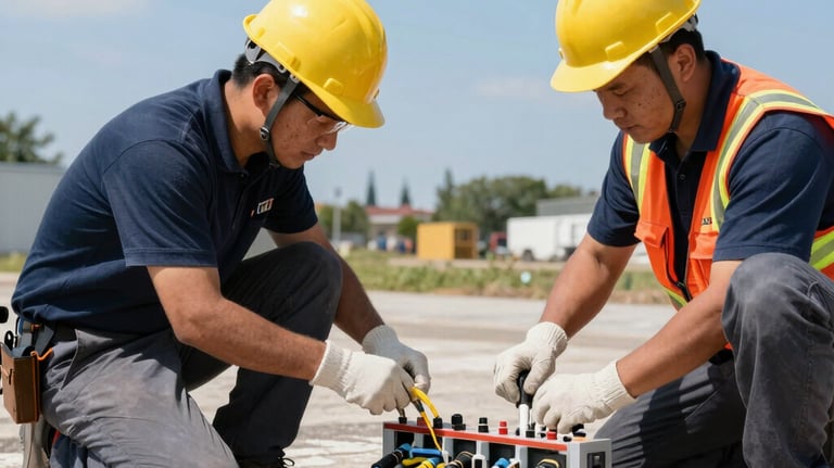 Technician installing fiber optic cables in an office environment